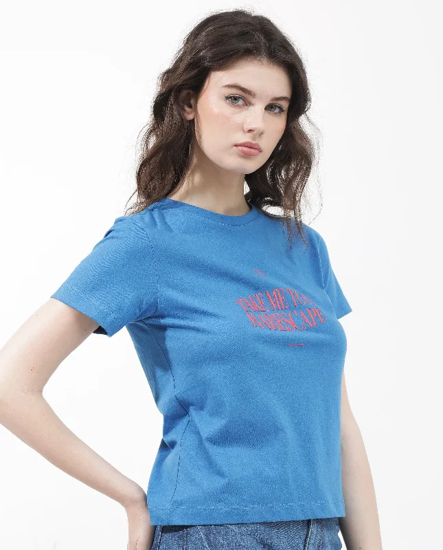 Rareism Women'S Erin Blue Cotton Poly Fabric Short Sleeve Crew Neck Solid T-Shirt