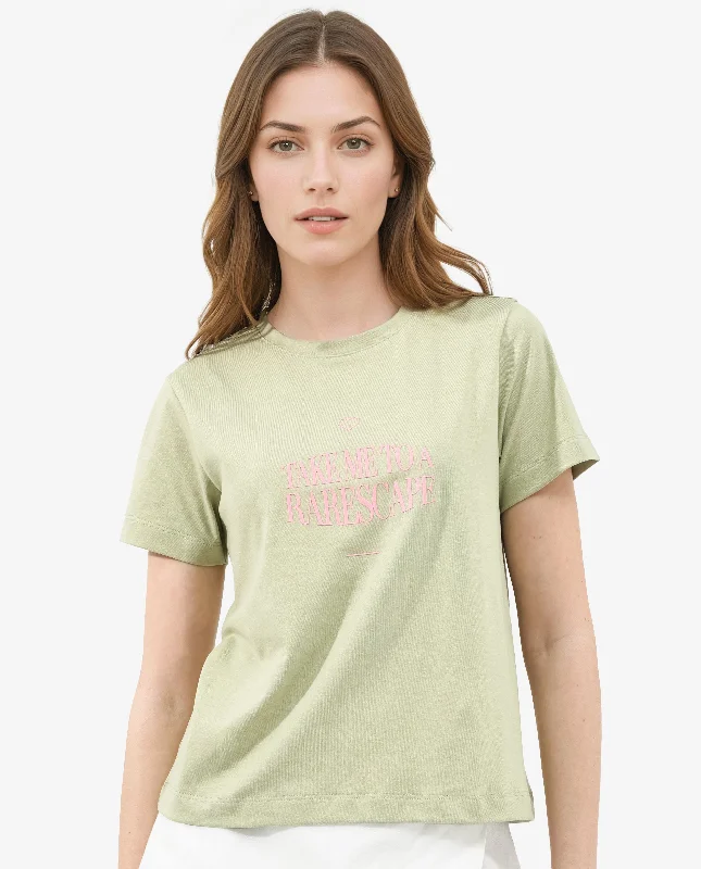 Rareism Women'S Erin Light Green Cotton Poly Fabric Short Sleeve Crew Neck Solid T-Shirt