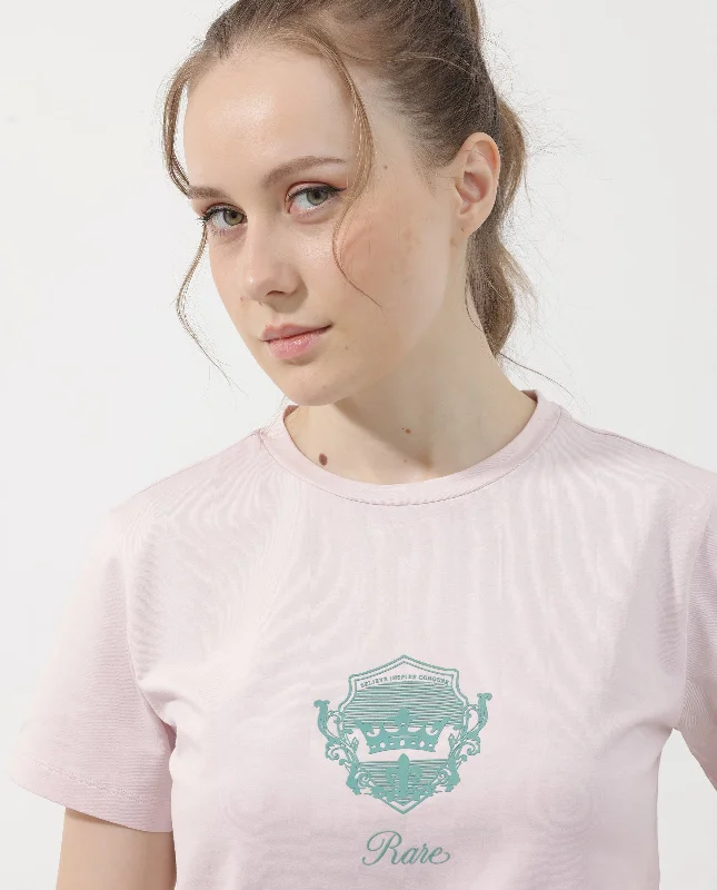 Rareism Women'S Fila Pastel Pink Cotton Elastane Fabric Crew Neck Knit Solid T-Shirt