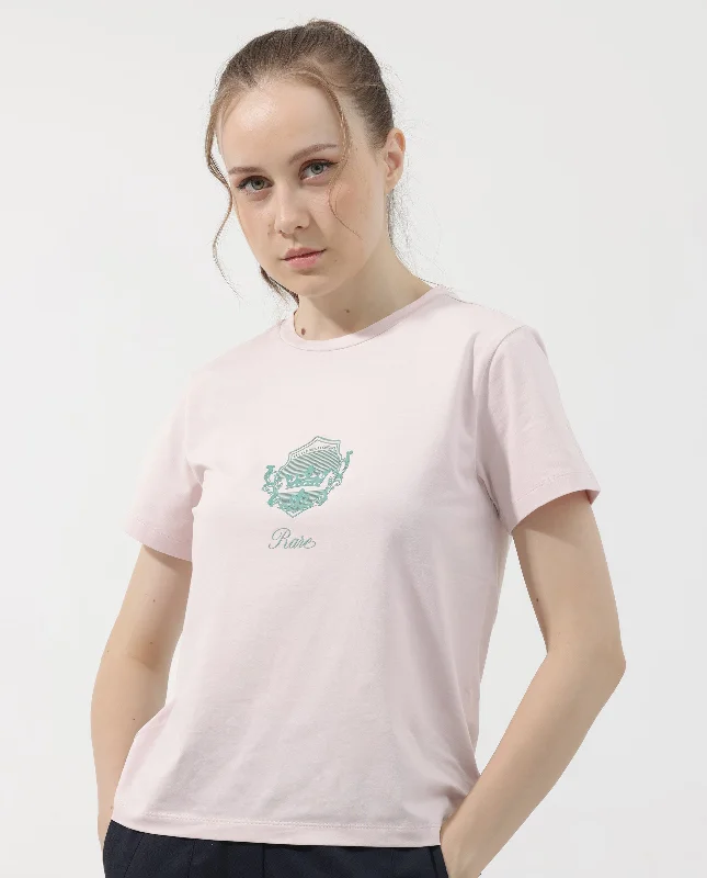 Rareism Women'S Fila Pastel Pink Cotton Elastane Fabric Crew Neck Knit Solid T-Shirt