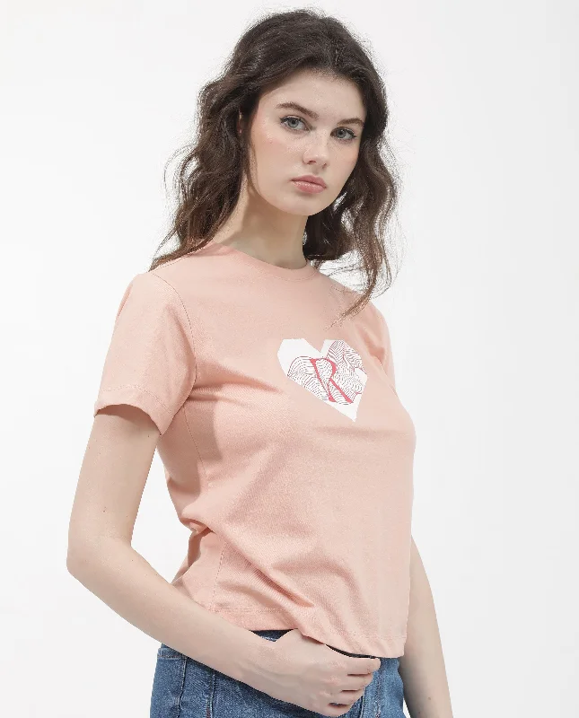 Rareism Women'S Lee Light Peach Cotton Poly Fabric Short Sleeve Crew Neck Solid T-Shirt