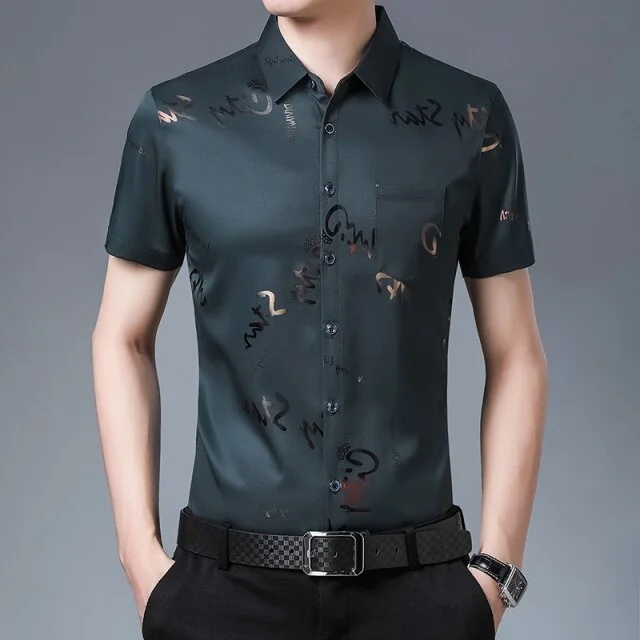 New Men Shirt High Quality Silk Print Summer Short sleeve Casual Shirts Men Slim Fit Camisa Masculina  C749