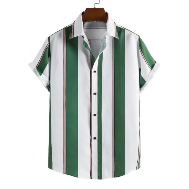 New short-sleeved casual shirt men's printed striped beach top 2024 summer men's short-sleeved shirt European size US size XS-XL