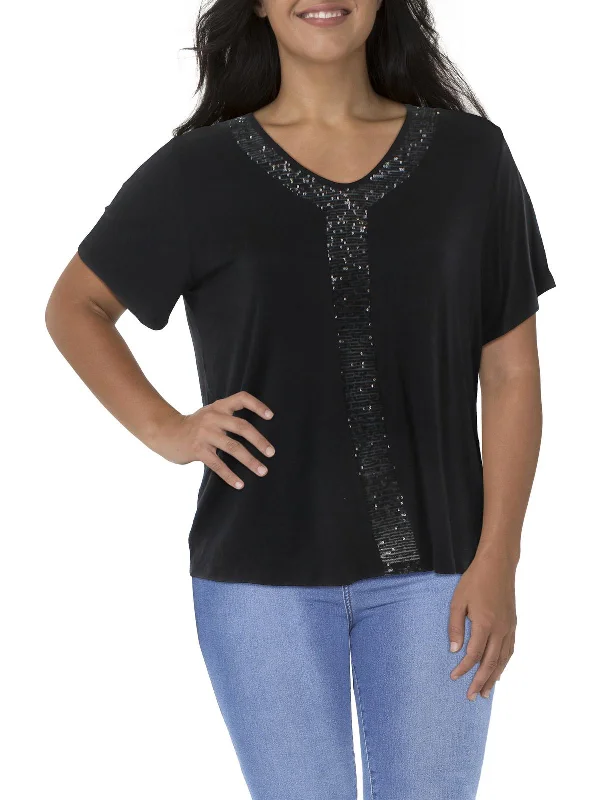 Plus Womens Sequined Short Sleeve T-Shirt