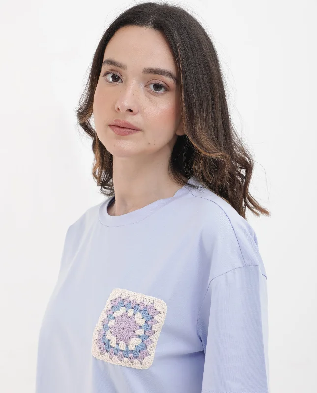 Rareism Women'S Poppy Light Blue Cotton Elastane Fabric Crew Neck Knit Solid T-Shirt