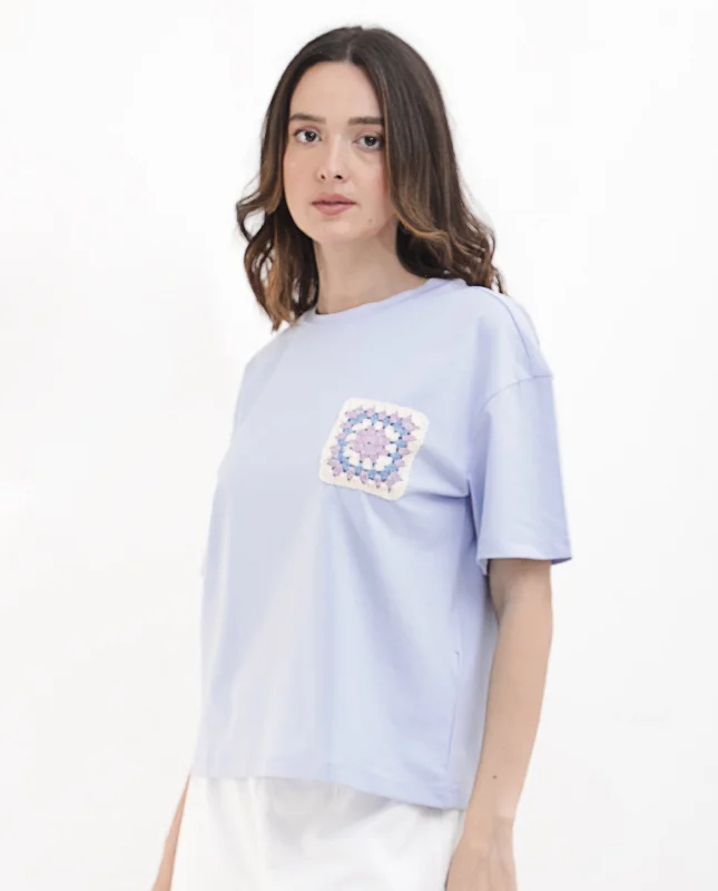 Rareism Women'S Poppy Light Blue Cotton Elastane Fabric Crew Neck Knit Solid T-Shirt