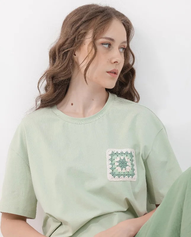 Rareism Women'S Poppy Pastel Green Cotton Elastane Fabric Crew Neck Knit Solid T-Shirt