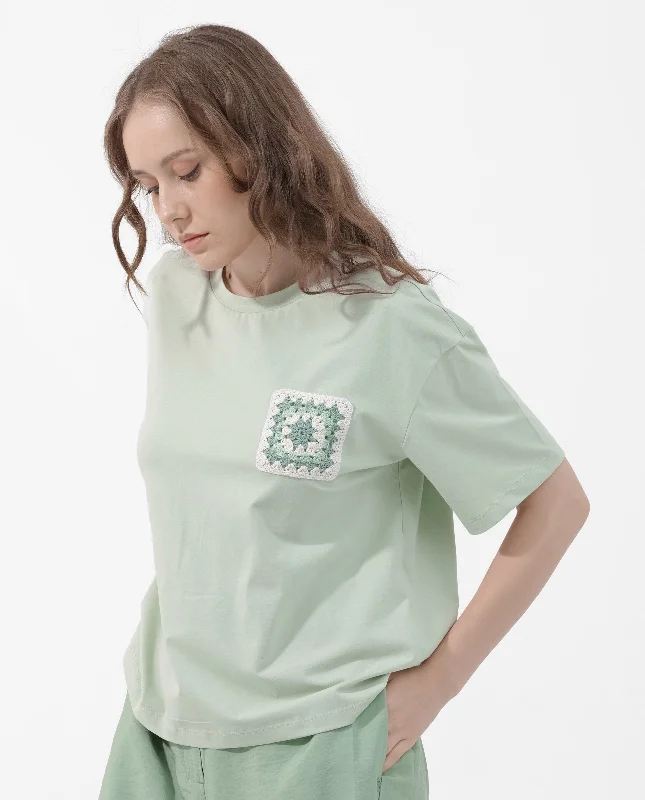 Rareism Women'S Poppy Pastel Green Cotton Elastane Fabric Crew Neck Knit Solid T-Shirt