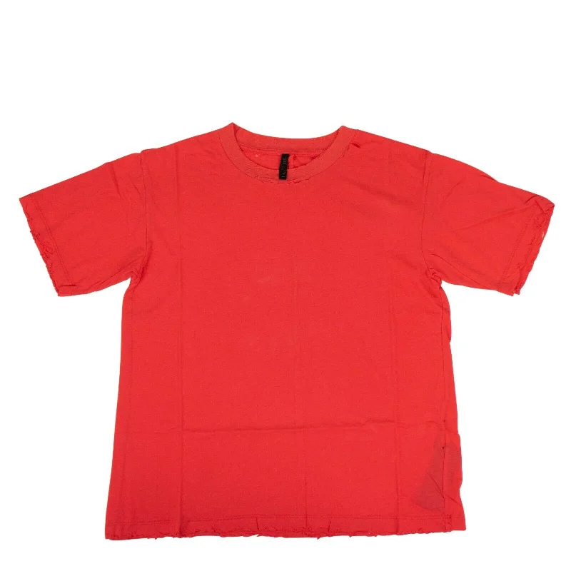 Unravel Project Cotton Distressed Short Sleeve T-Shirt Top - Red