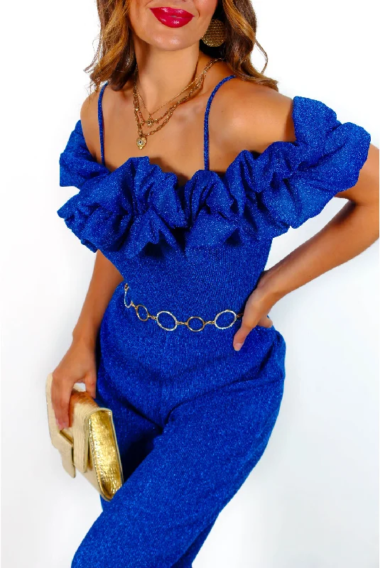 Bringing The Drama - Cobalt Glitter Ruffle Jumpsuit