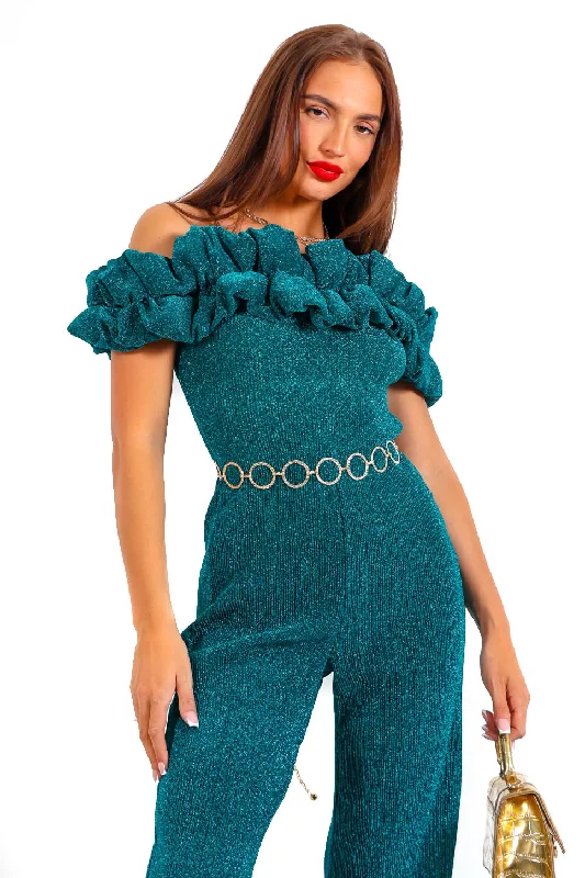 Bringing The Drama - Teal Glitter Ruffle Jumpsuit