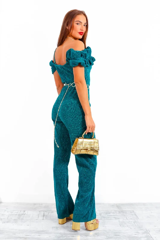 Bringing The Drama - Teal Glitter Ruffle Jumpsuit