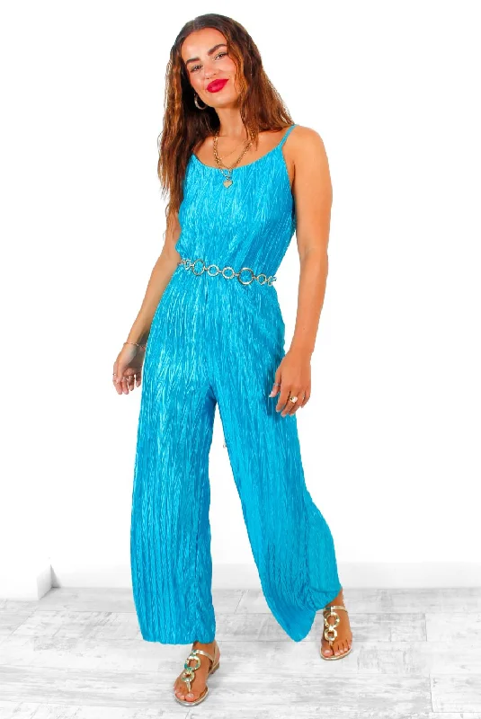 Can You Keep Up - Teal Blue Plisse Jumpsuit