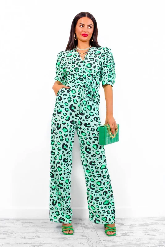 Feline Myself - Green Leopard Print Jumpsuit