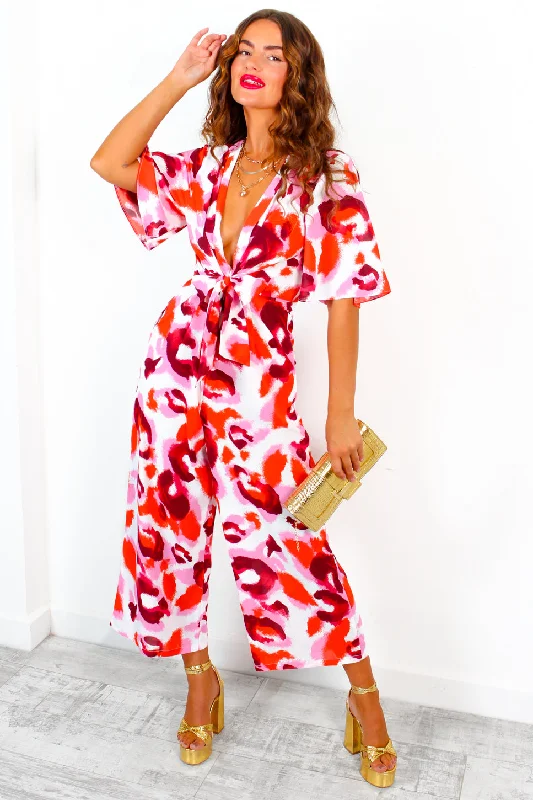 Its Showtime - Red Pink Animal Print Culotte Jumpsuit