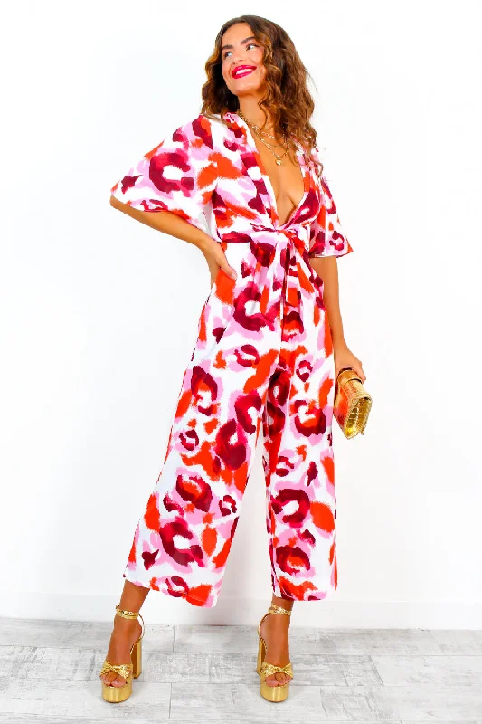 Its Showtime - Red Pink Animal Print Culotte Jumpsuit