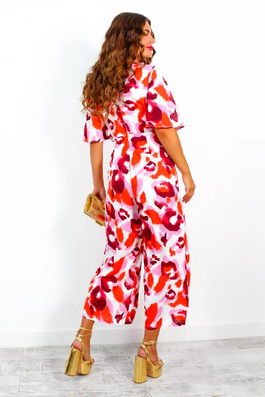 Its Showtime - Red Pink Animal Print Culotte Jumpsuit