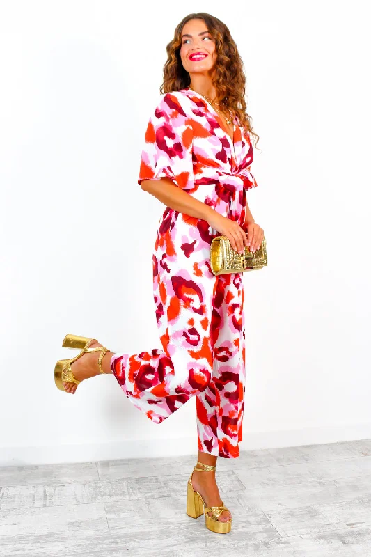 Its Showtime - Red Pink Animal Print Culotte Jumpsuit