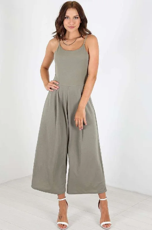 Khaki Open Back Strappy Cropped Culotte Basic Jumpsuit