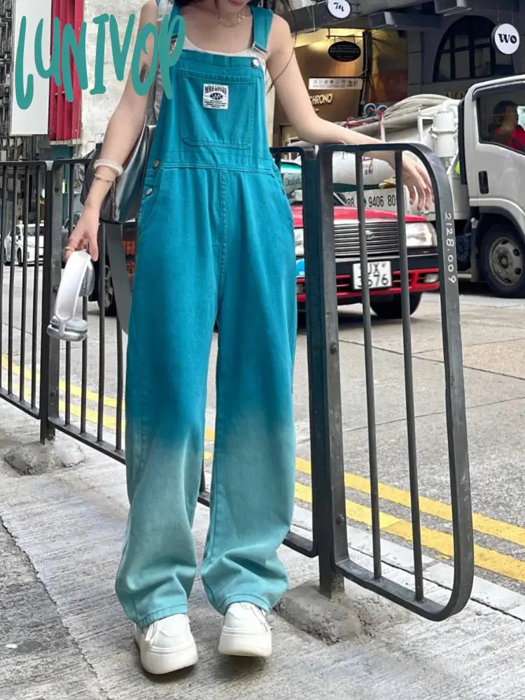 Lunivop American Street Women's Gradual Blue Strap Pants Summer New Chic Loose Female Rompers Vintage INS Straight Loose Jumpsuit