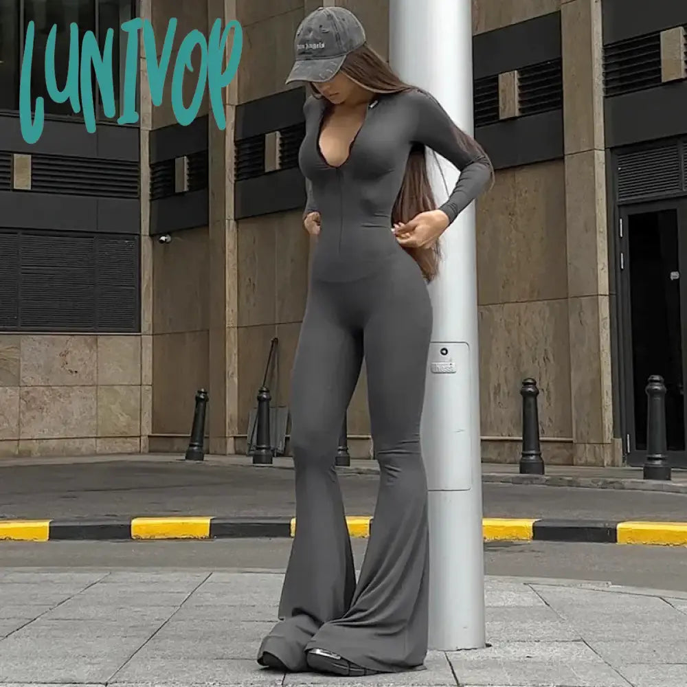 Lunivop Autumn Fashion Casual Zip Up Bodycon Jumpsuits Outfits for Women Unitards One Piece Long Sleeve Rompers Overalls Jumpsuit Women