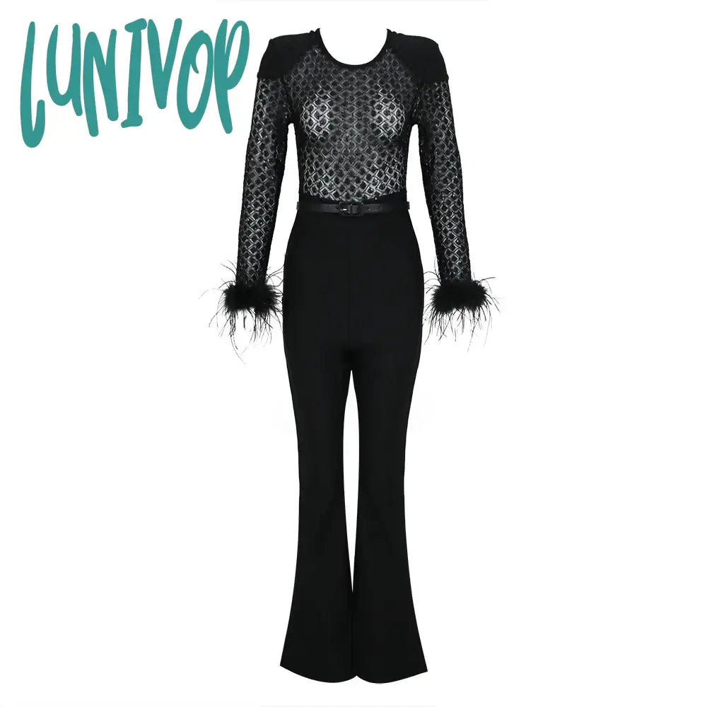 Lunivop Chic Women Luxury Sexy Long Sleeve Sequins Feather Black Bodycon Bandage Jumpsuit 2024 High Street Rompers