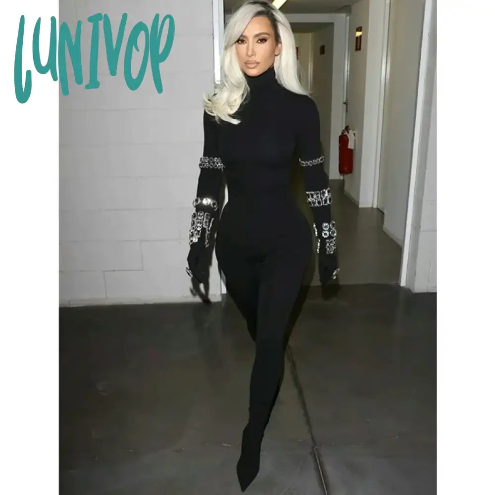 Lunivop Chic Women Luxury Sexy Long Sleeve Turtleneck Beading Sparkly Black Bandage Jumpsuit Celebrity Designer High Street Rompers