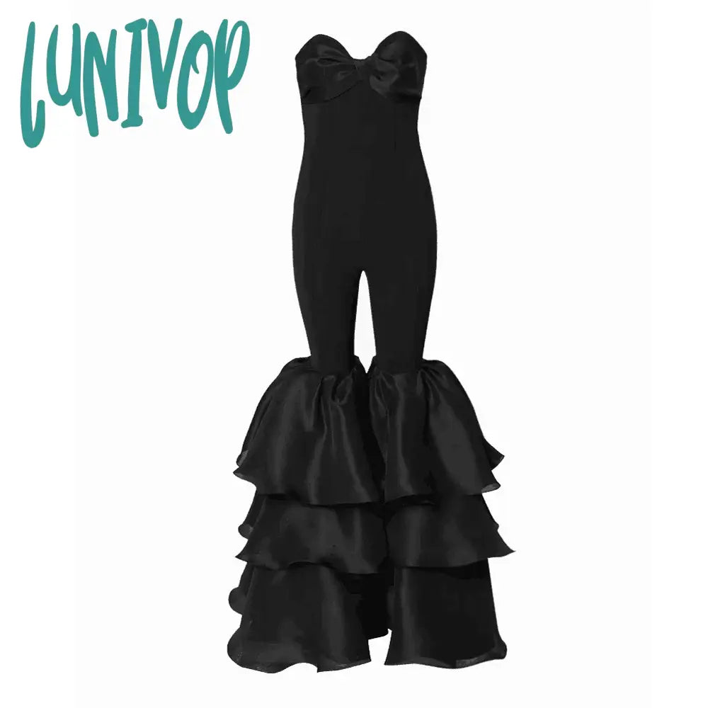 Lunivop Chic Women Luxury Sexy Strapless Ruffles Bodycon Flare Black Bandage Jumpsuit Celebrity Designer High Street Rompers