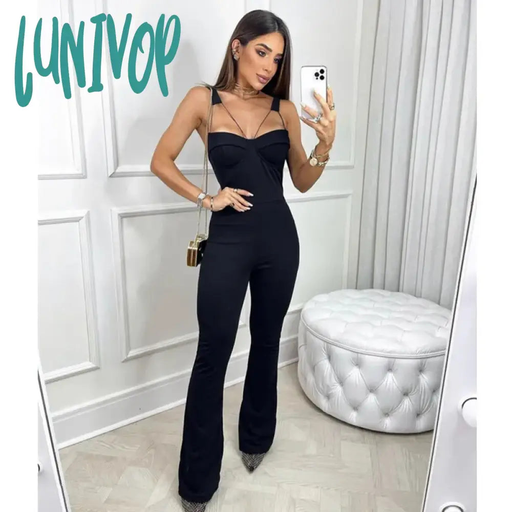 Lunivop Chic Women Summer Sexy Criss Cross Backless Black Bodycon Flare Bandage Jumpsuit Celebrity Designer High Street Rompers