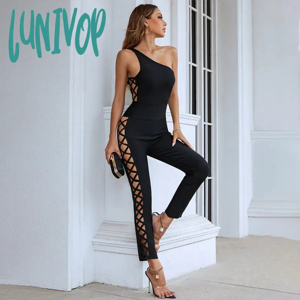 Lunivop Chic Women Summer Sexy One Shoulder Hollow Out Cut Black Bodycon Bandage Jumpsuit  Celebrity Designer High Street Rompers