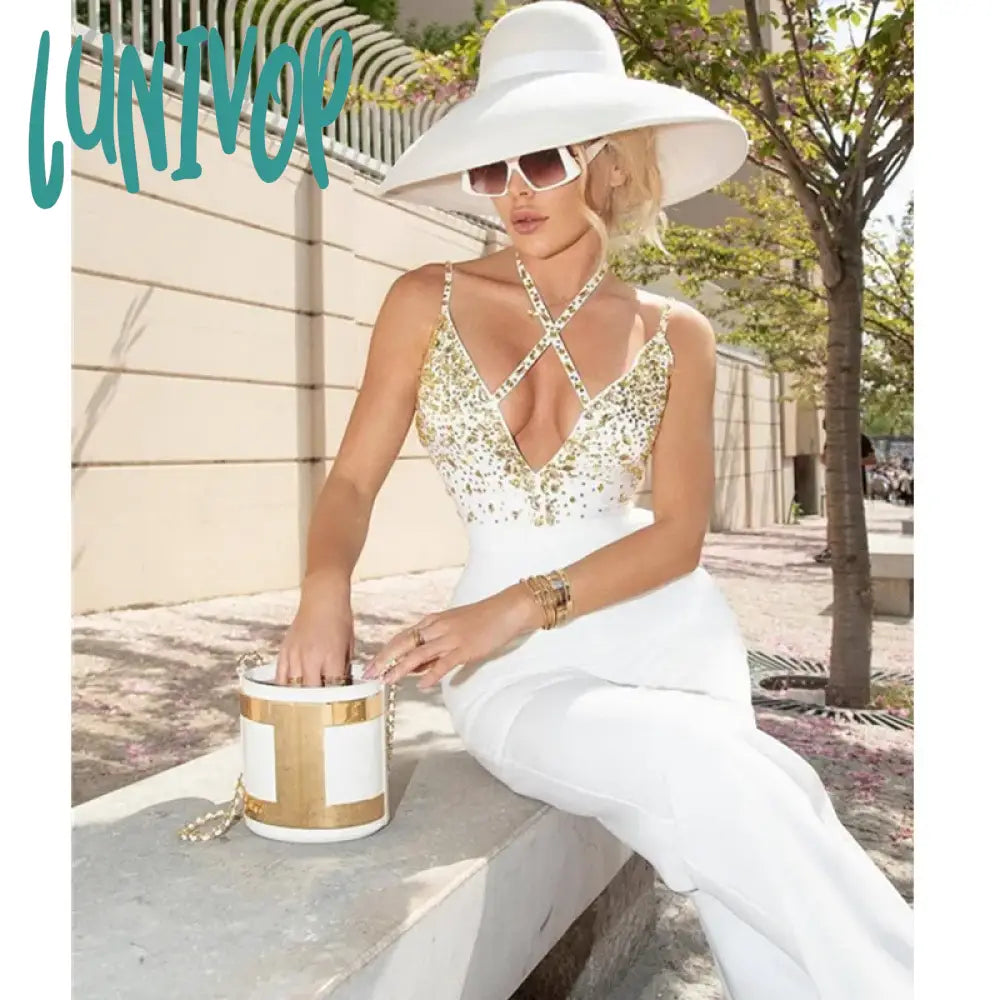 Lunivop Chic Women Summer Sexy V Neck Studded White Backless Bodycon Flare Bandage Jumpsuit Celebrity Designer High Street Rompers