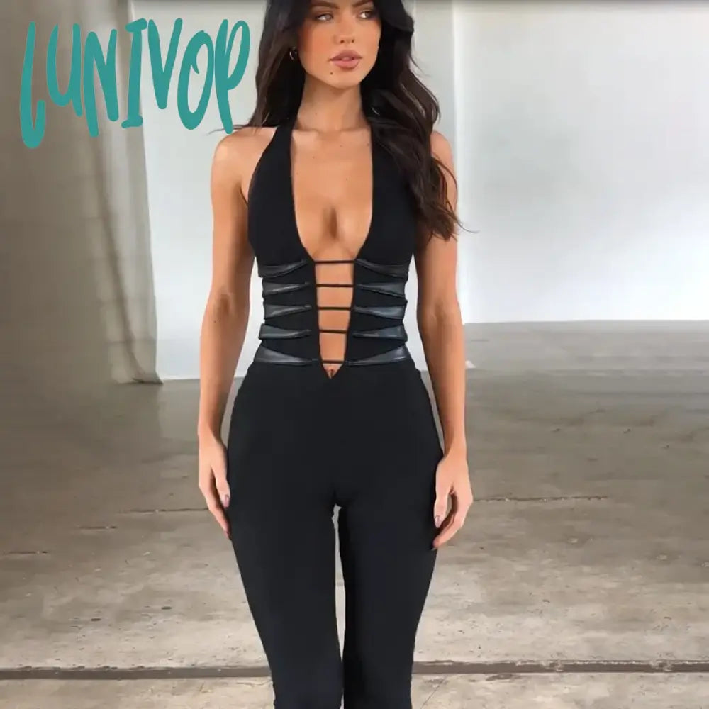 Lunivop Deep V Halter Mesh Bandage Bodycon Jumpsuits Outfits Unitards Sleeveless Romper Overalls Autumn Slim Fit One Piece Jumpsuits