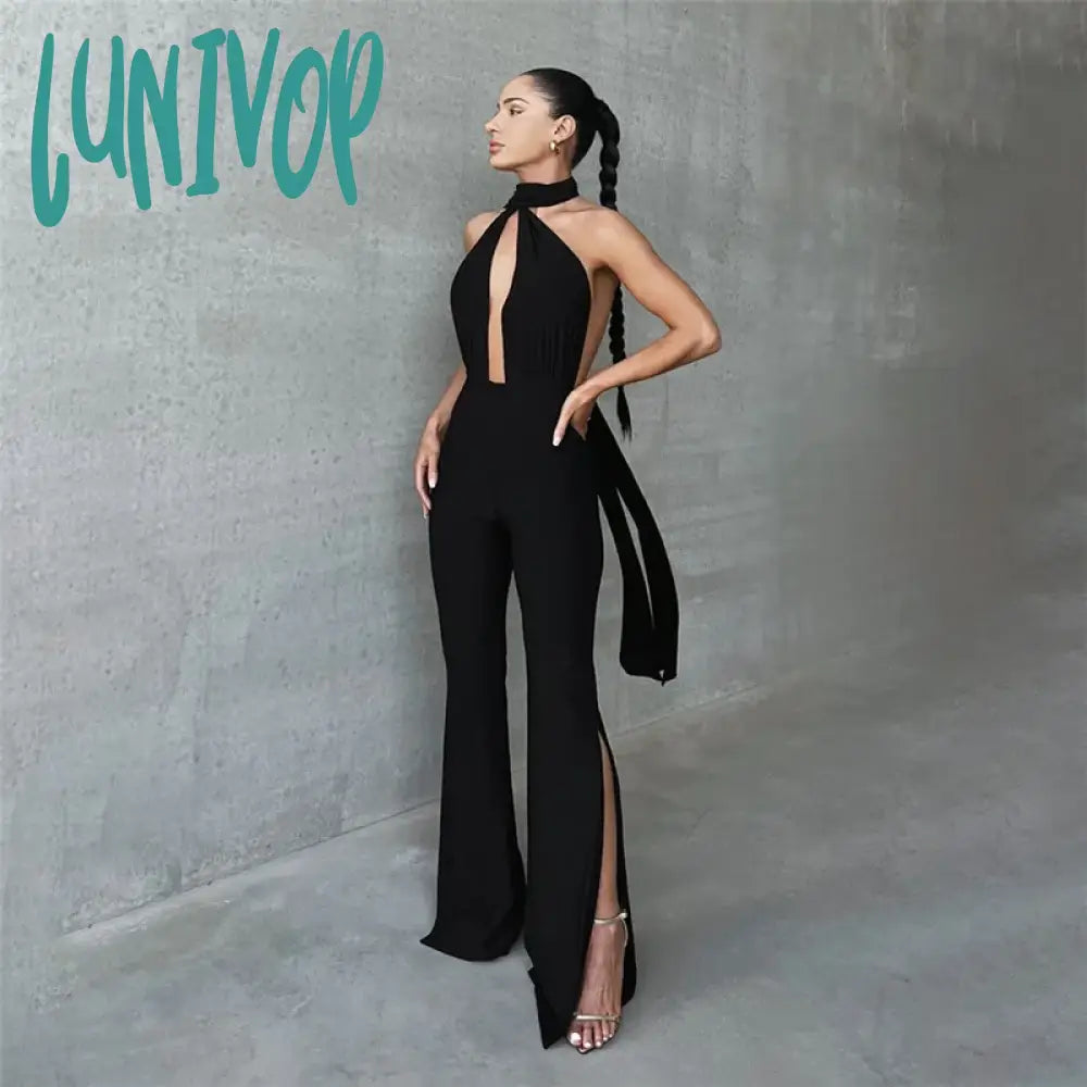 Lunivop Deep V Wrap Around Halter Sexy Backless Flare Pants Jumpsuits Fashion Outfits for Women One-Piece Rompers Overalls Bodysuit