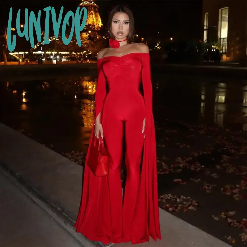 Lunivop Fashion Off Shoulder Ruched Long Jumpsuits Outfits for Women Autumn Flare Sleeve Party Unitards Romper Overalls Jumpsuit Women