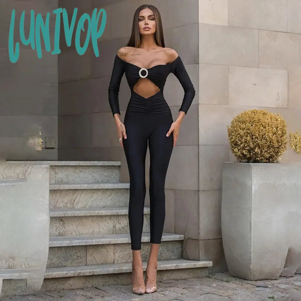 Lunivop Fashion Off Shoulder Sexy Cut Out Bodycon Jumpsuits for Women Elegant Outfits One Piece Overalls Ruched Rompers Jumpsuit Women