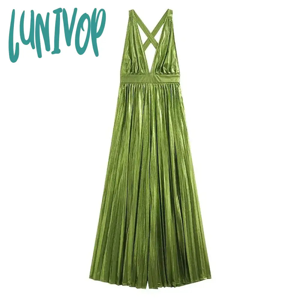 Lunivop Female Casual Wide Leg Jumpsuits Green V-neck Sexy Backless Sleeveless Long Pants Women's Summer New Fashion Clothing