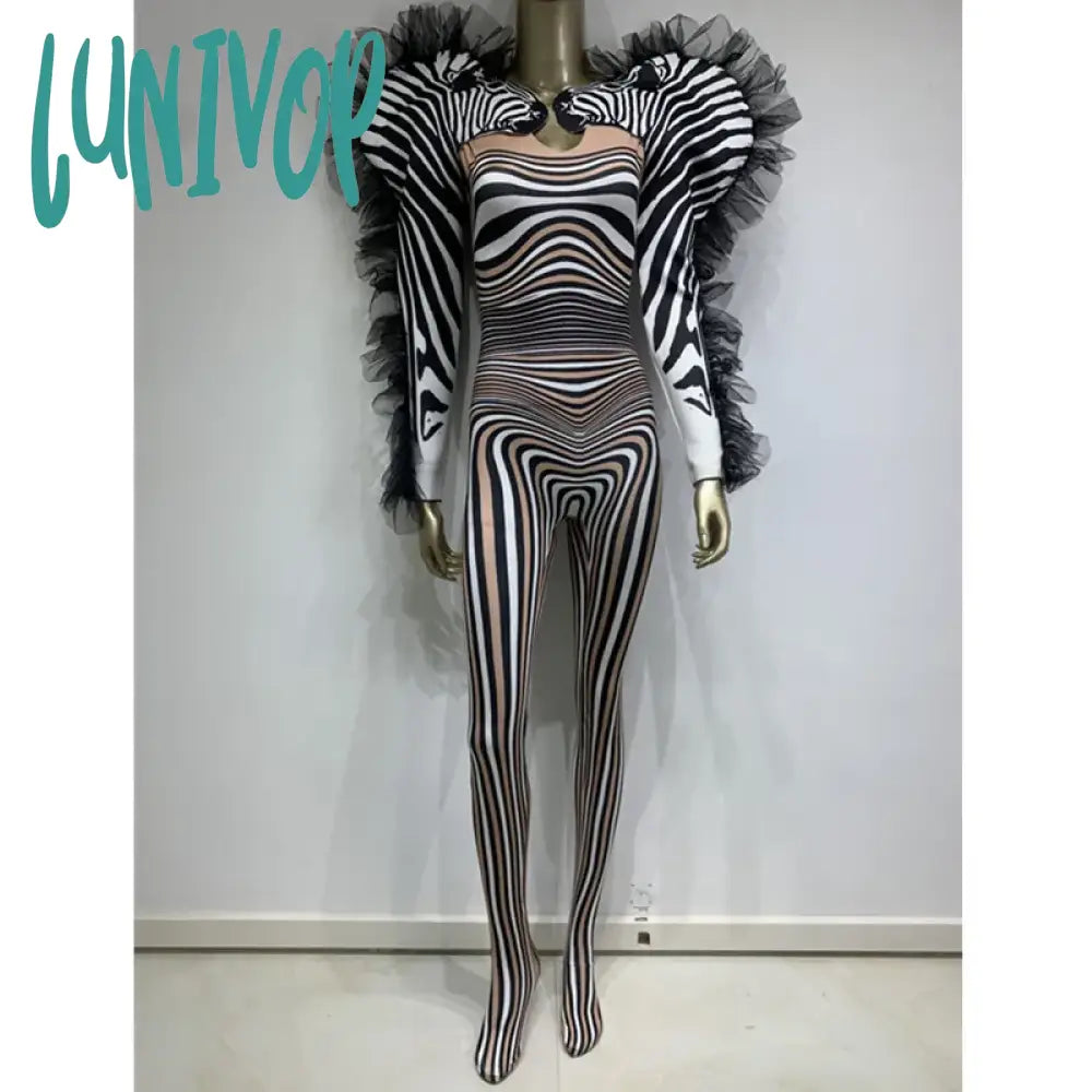 Lunivop Halloween Women Long Sleeve Zebra Ruffles Jumpsuit Birthday Party Costume Bar Nightclub Stage Performance Rompers