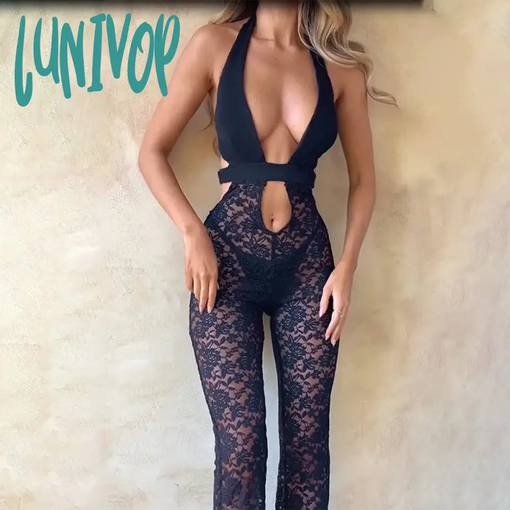 Lunivop Halter Sexy Cut Out Lace Jumpsuits Rompers Fashion Outfits One Piece Backless Bodycon Jumpsuit Overalls Flare Pant Bodysuit