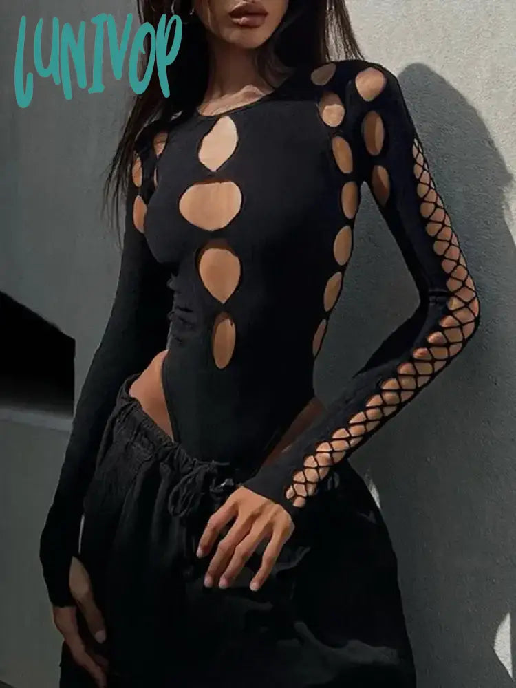 Lunivop Hollow Out Hot Sexy Caged Bodysuit for Women One-Piece Slim Fit Tops Autumn Helloween Bodysuits Rompers Clothes Lingerie Sexy