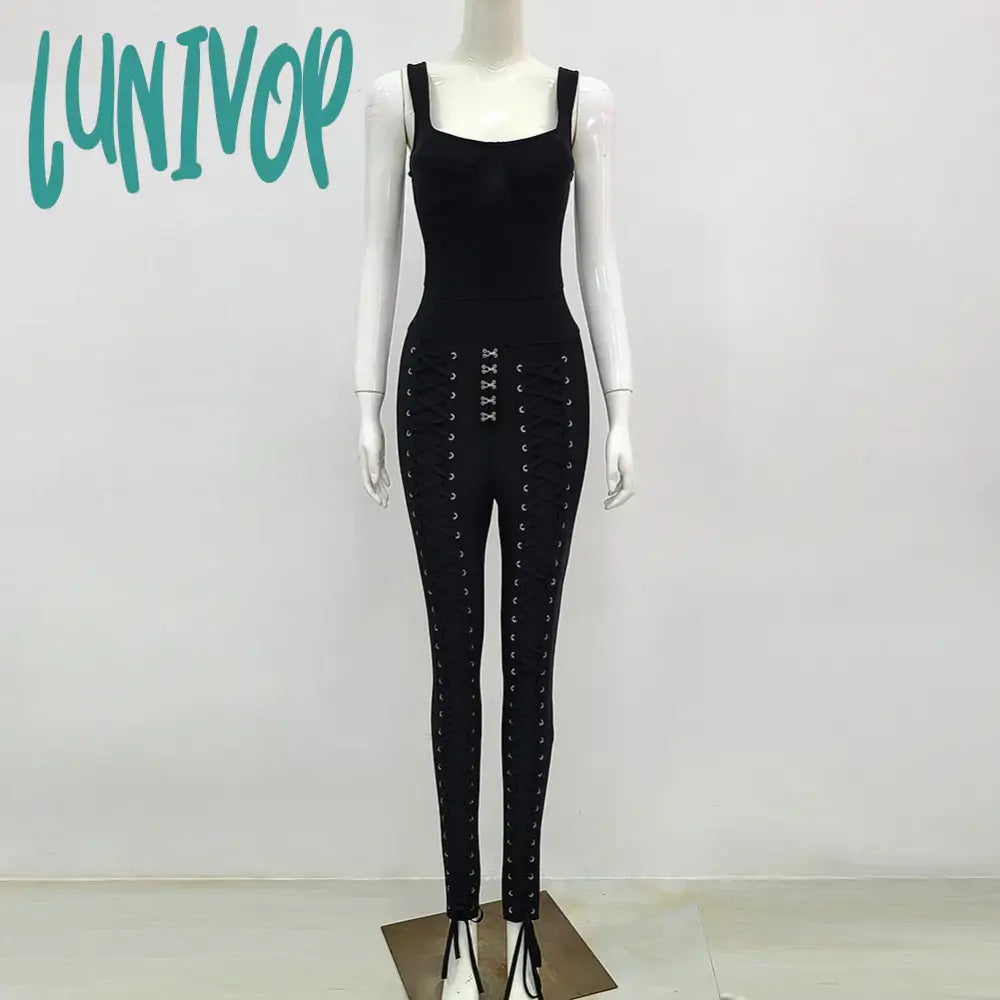 Lunivop Hot Women Winter Fashion Sexy V Neck Black White Eyelet Bodycon Bandage Jumpsuit Celebrity Designer High Street Rompers