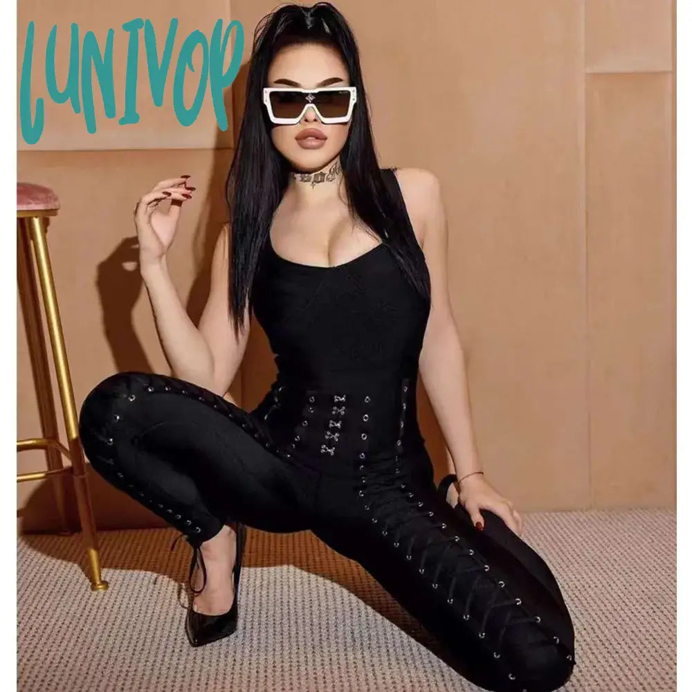 Lunivop Hot Women Winter Fashion Sexy V Neck Black White Eyelet Bodycon Bandage Jumpsuit Celebrity Designer High Street Rompers