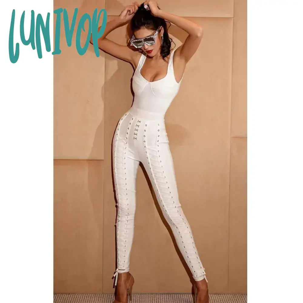 Lunivop Hot Women Winter Fashion Sexy V Neck Black White Eyelet Bodycon Bandage Jumpsuit Celebrity Designer High Street Rompers