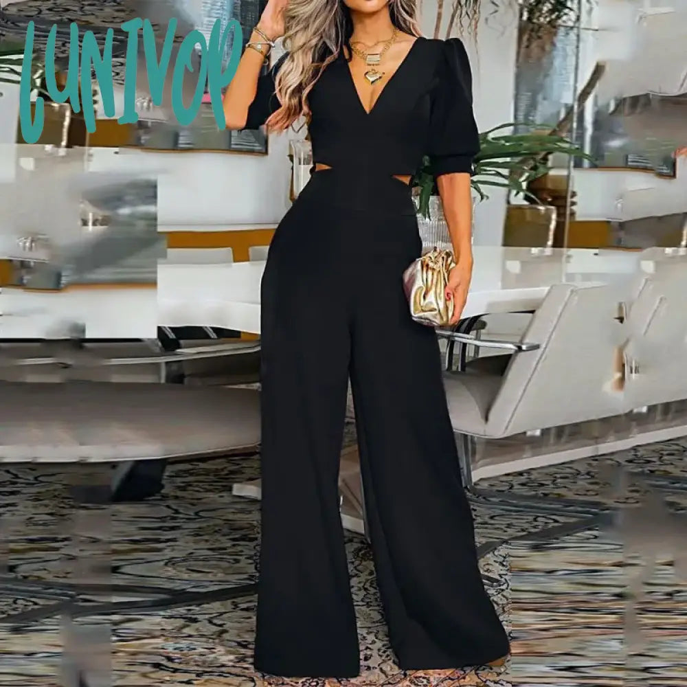 Lunivop Jumpsuit Bubble Short Sleeve V Neck Hollow Loose Wide Legs Casual Fashion Pants with Pockets Jumpsuit High Street Wear Women