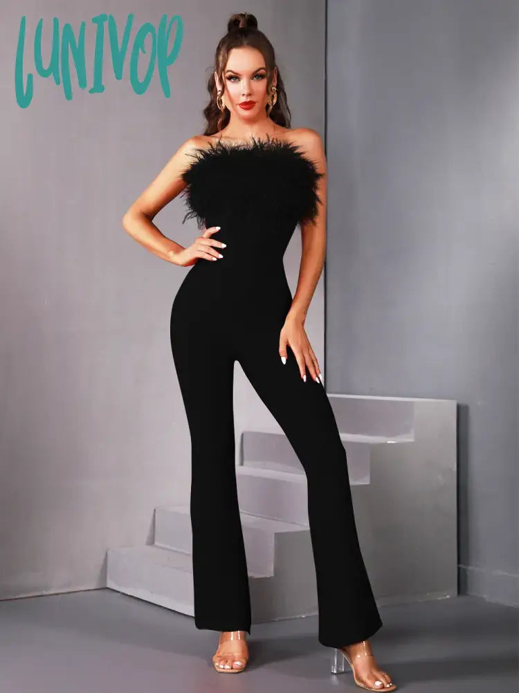 Lunivop Luxury Women Summer Sexy Strapless Feather Black Red Bodycon Bandage Jumpsuit  Celebrity Designer High Street Rompers