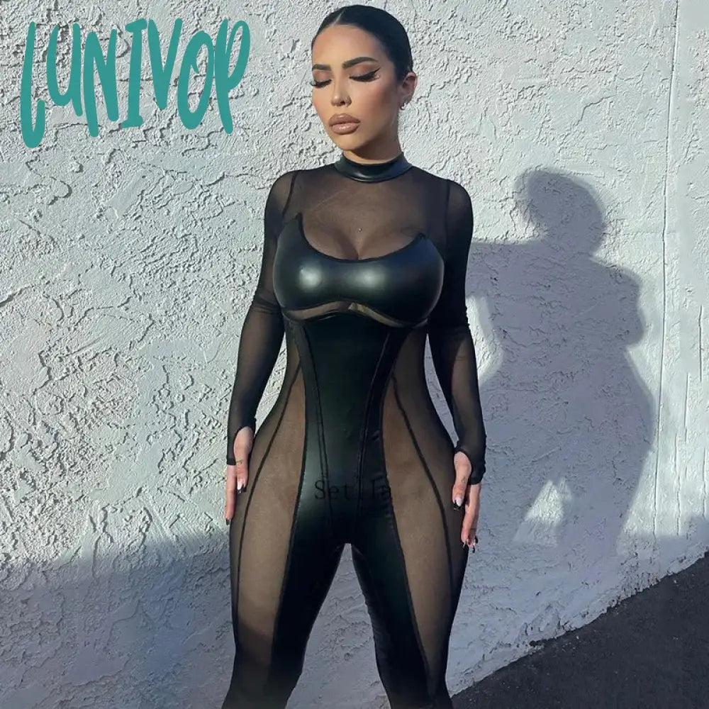 Lunivop Mesh PU Leather Women Jumpsuit Sexy Black Long Sleeve Summer Autumn Bodycon Overalls Y2K See Through Jumpsuit Bodysuit