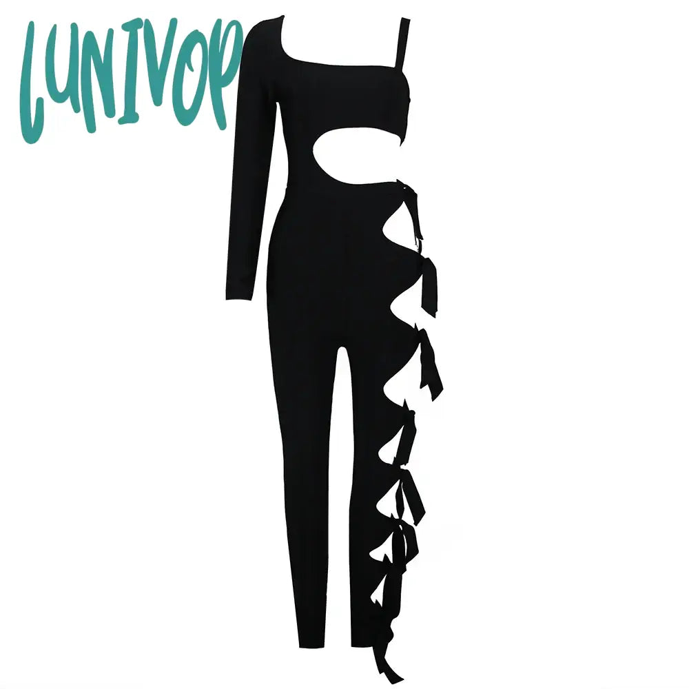 Lunivop New Arrival Women Summer Style Sexy Long Sleeve Hollow Out Black Bodycon Bandage Jumpsuit  High Street Rompers