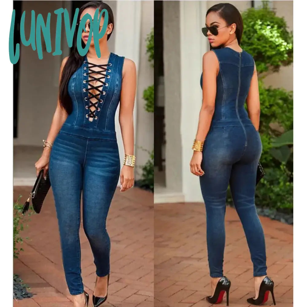 Lunivop New Style 2XL Size Denim Rompers Overalls Women Skinny Jeans Sexy Blue Lace-up V Neck Sleeveless Denim Jumpsuits Bodysuit