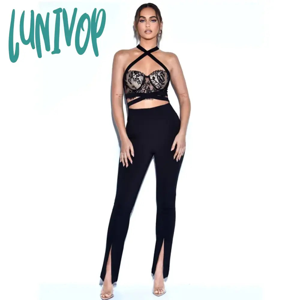 Lunivop New Women Summer Style Sexy Backless Halter Lace Black Bodycon Bandage Jumpsuit  High Street Rompers