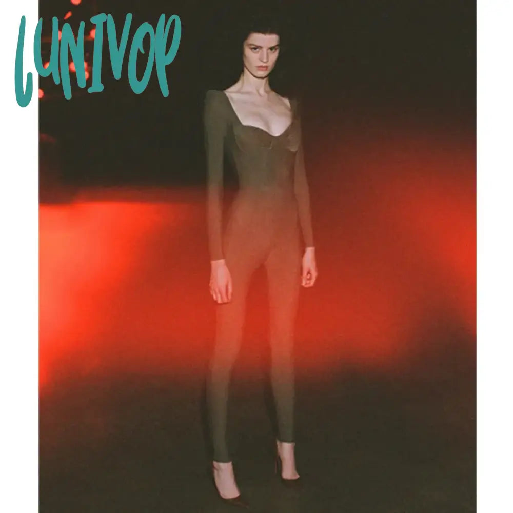 Lunivop New Women Summer Style Sexy Long Sleeve V Neck Army Green Bandage Jumpsuit Celebrity Designer High Street Rompers