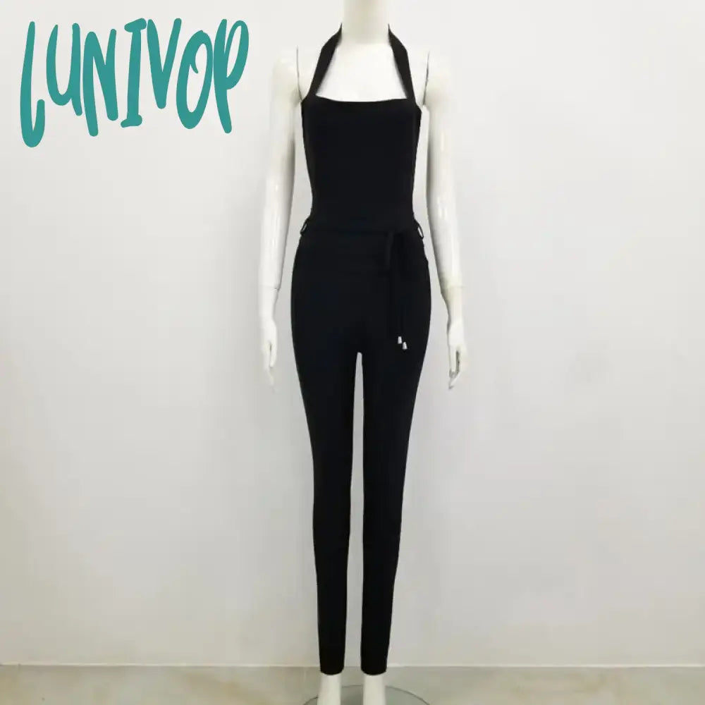 Lunivop Newest  Summer Fashion Sexy Backless Halter Beige Black Women Bandage Jumpsuit Celebrity Designer Fashion Rompers